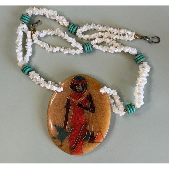 Egyptian Large Inlay Pendant Necklace With Mother Of Pearl Chips Turquoise Beads - Picture 5 of 6